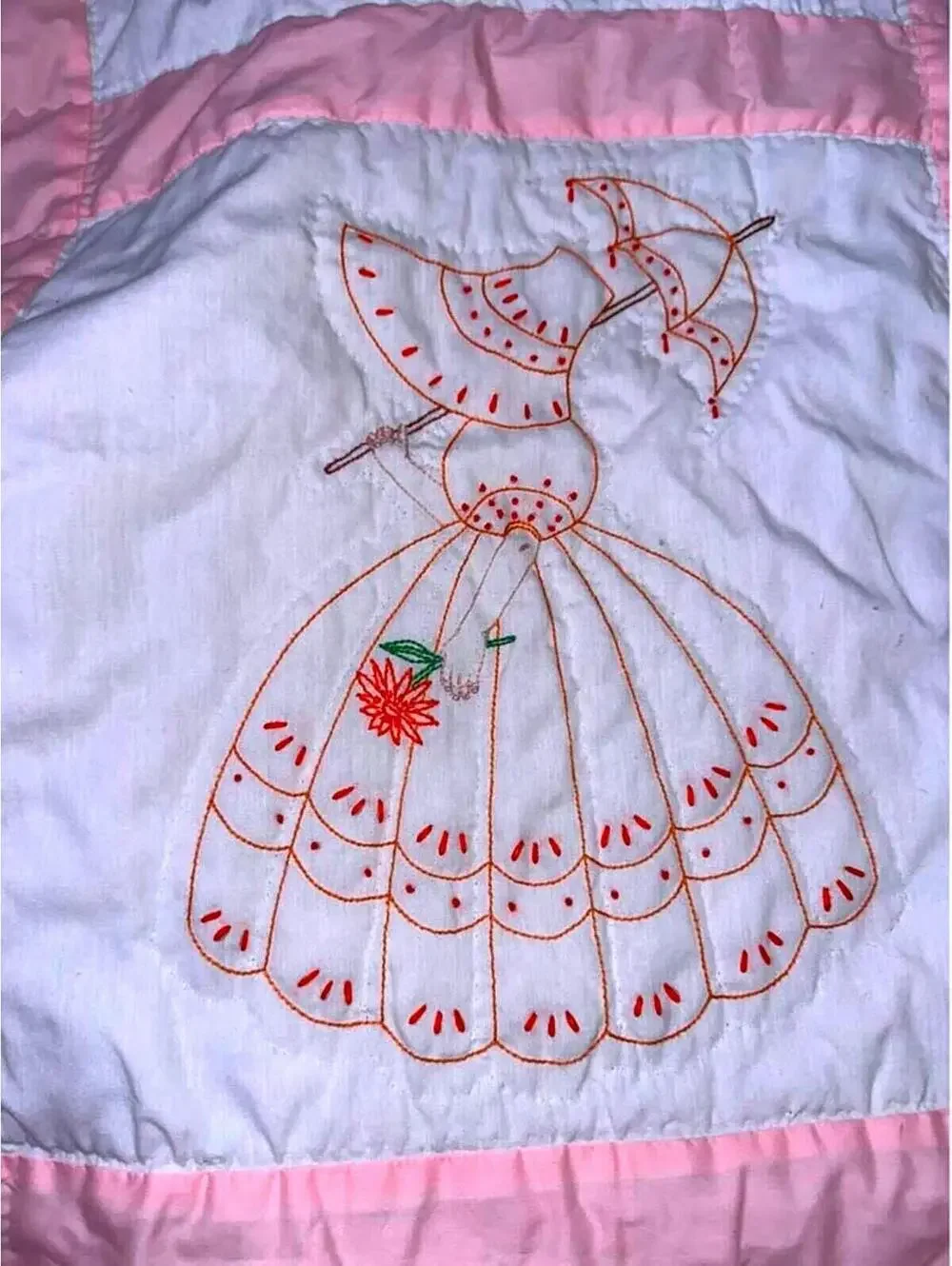 Vintage Hand Embroidered Sunbonnet Sue Quilt Pink White Handmade 93x69 Cottage